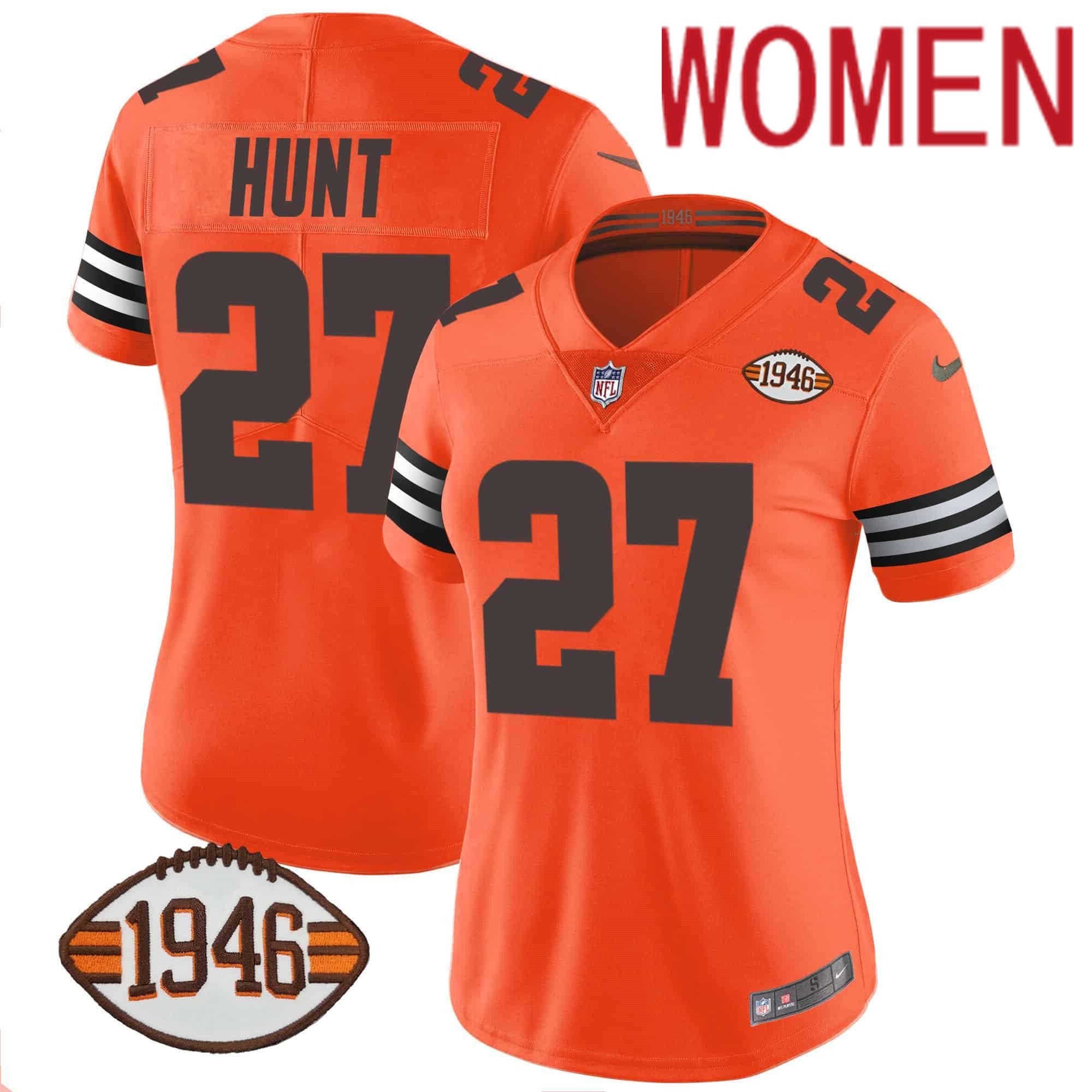 Women Cleveland Browns 27 Hunt Orange 1946 75th Anniversary Patch 2024 Nike NFL Jersey